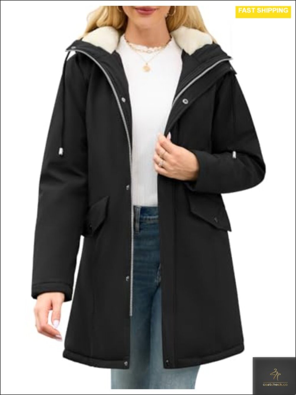 Women's Water-Repellent Fleece Lined Winter Rain Jacket with Hood & Pockets